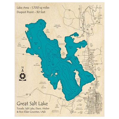 Bathymetric topo map of Great Salt Lake with roads, towns and depths noted in blue water