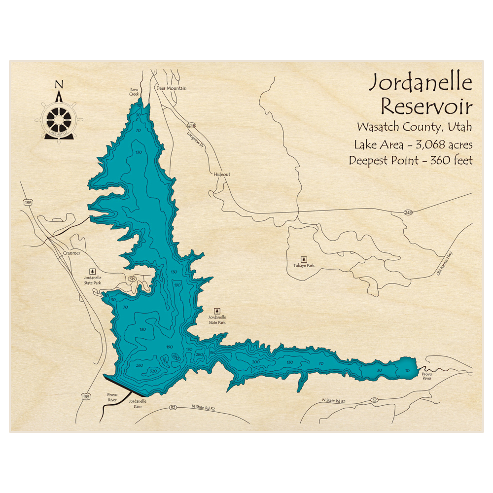 Bathymetric topo map of Jordanelle Reservoir with roads, towns and depths noted in blue water