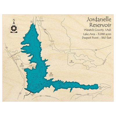 Bathymetric topo map of Jordanelle Reservoir with roads, towns and depths noted in blue water