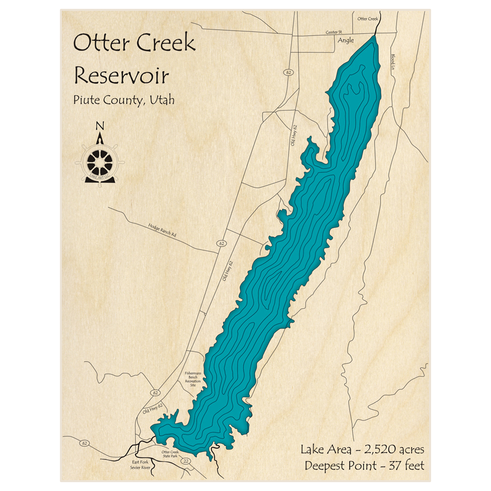 Bathymetric topo map of Otter Creek Reservoir  with roads, towns and depths noted in blue water