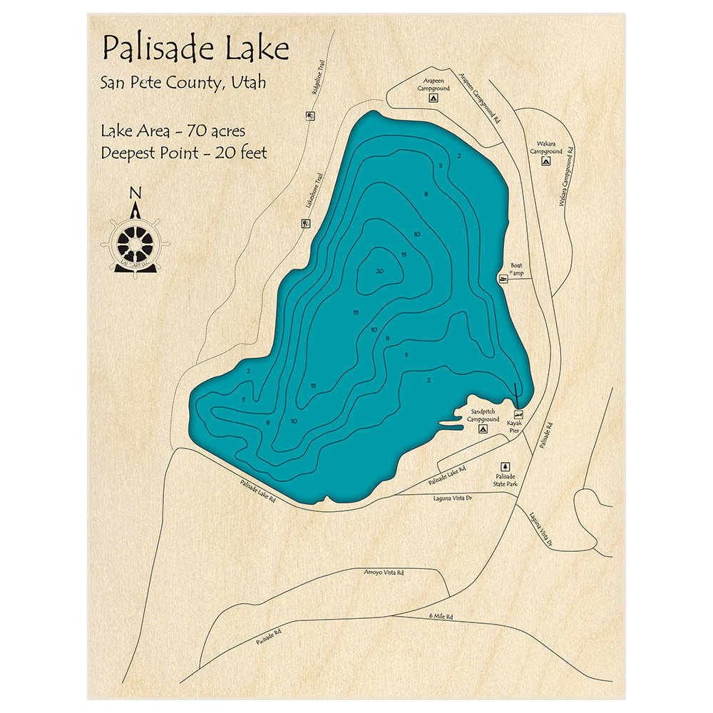 Bathymetric topo map of Palisade Lake with roads, towns and depths noted in blue water