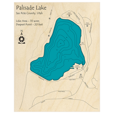 Bathymetric topo map of Palisade Lake with roads, towns and depths noted in blue water