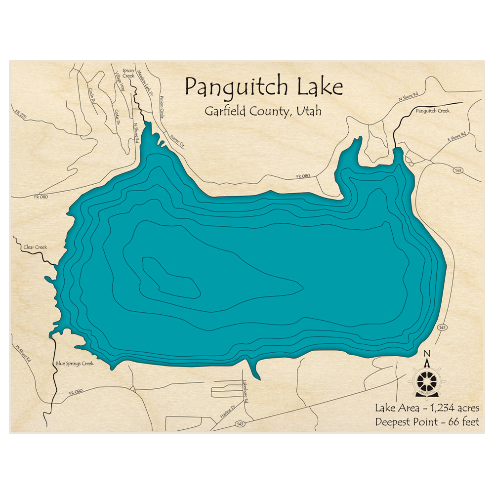Bathymetric topo map of Panguitch Lake  with roads, towns and depths noted in blue water