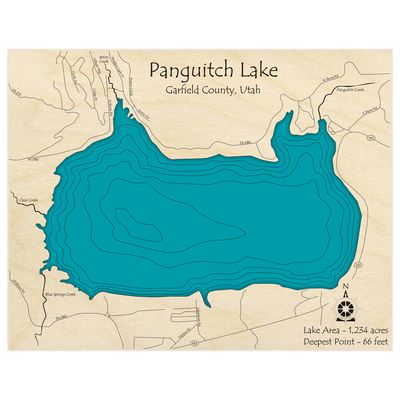 Bathymetric topo map of Panguitch Lake  with roads, towns and depths noted in blue water