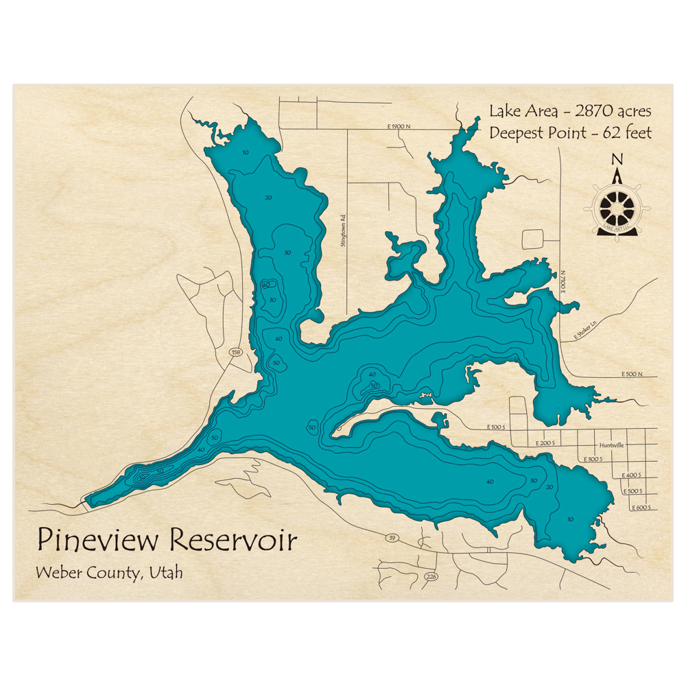 Bathymetric topo map of Pineview Reservoir with roads, towns and depths noted in blue water