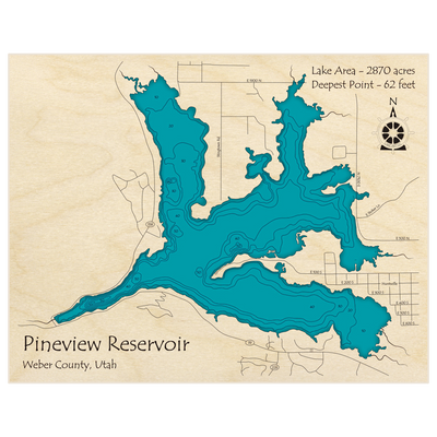 Bathymetric topo map of Pineview Reservoir with roads, towns and depths noted in blue water