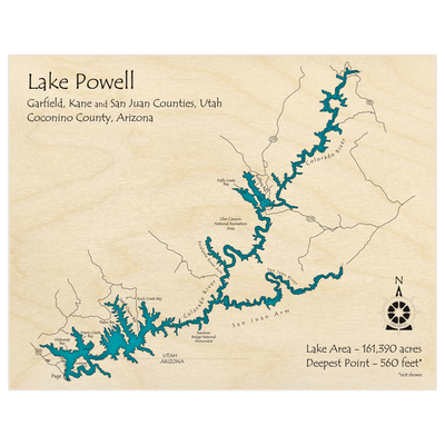 Bathymetric topo map of Lake Powell (SINGLE LEVEL ONLY) (NOT 3D) with roads, towns and depths noted in blue water