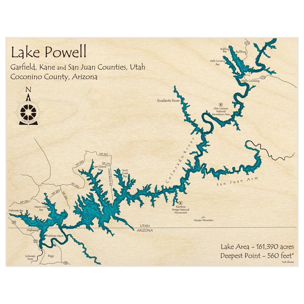Bathymetric topo map of Lake Powell (Dam to Bullfrog) with roads, towns and depths noted in blue water
