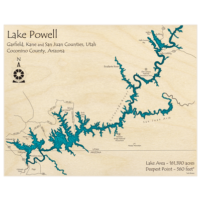 Bathymetric topo map of Lake Powell (Dam to Bullfrog) with roads, towns and depths noted in blue water