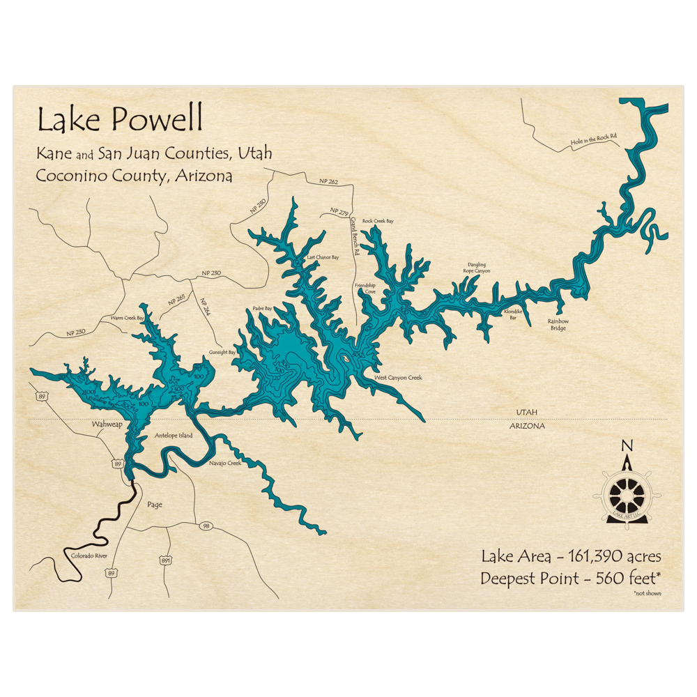 Bathymetric topo map of Lake Powell (Southern Section) with roads, towns and depths noted in blue water
