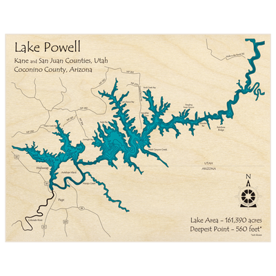 Bathymetric topo map of Lake Powell (Southern Section) with roads, towns and depths noted in blue water