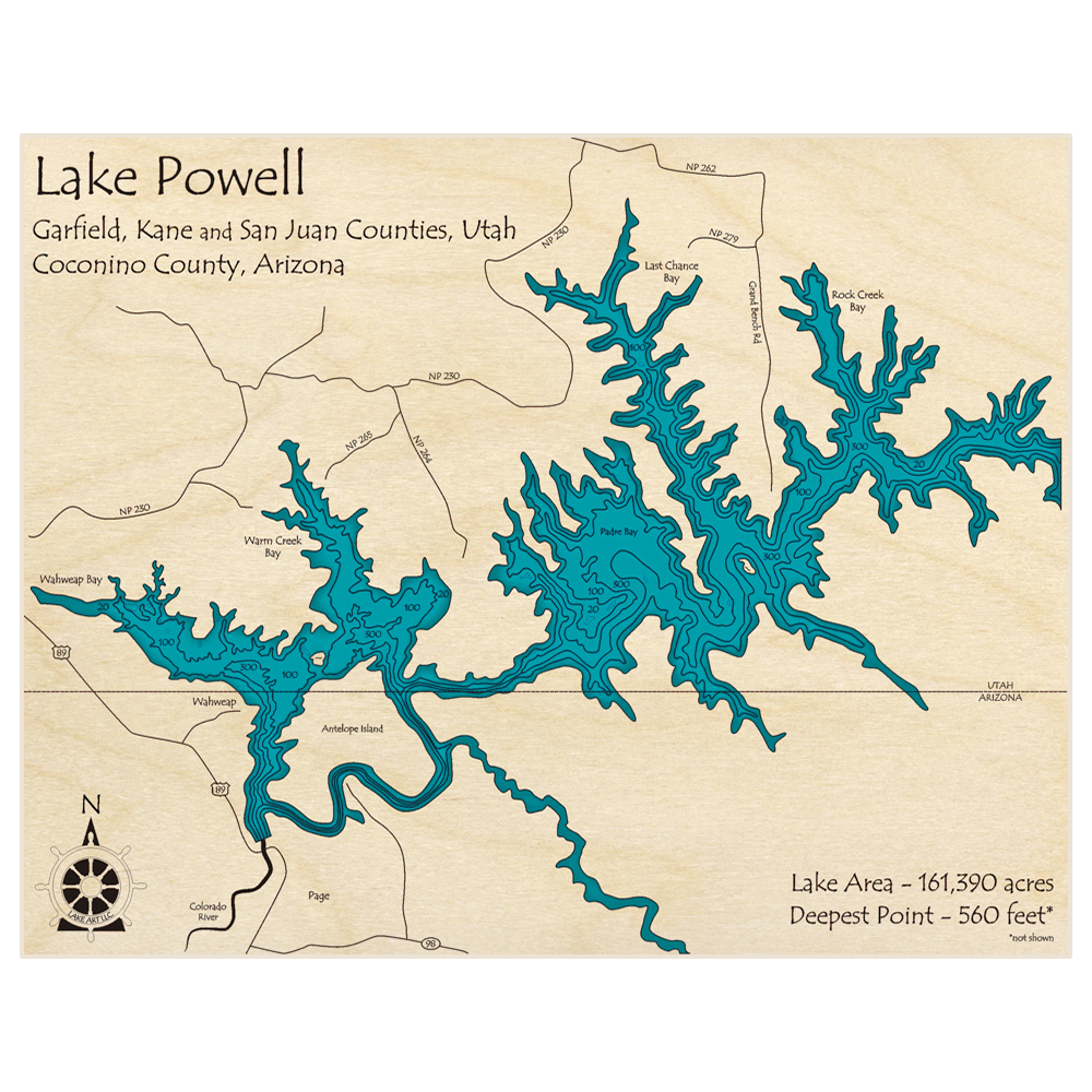 Bathymetric topo map of Lake Powell (zoom number 2) with roads, towns and depths noted in blue water