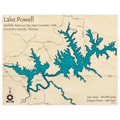 Bathymetric topo map of Lake Powell (zoom number 2) with roads, towns and depths noted in blue water