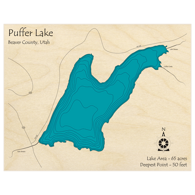 Bathymetric topo map of Puffer Lake  with roads, towns and depths noted in blue water