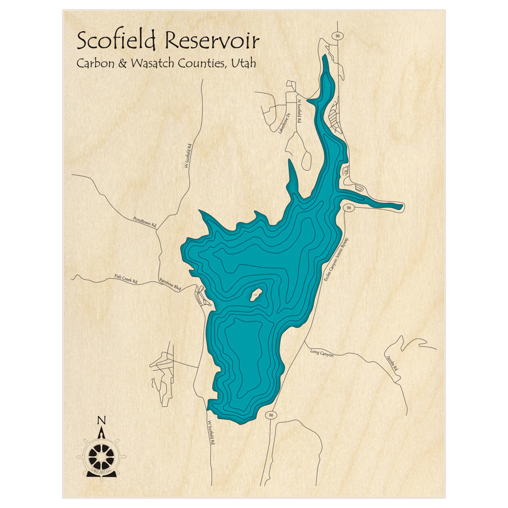 Bathymetric topo map of Scofield Reservoir  with roads, towns and depths noted in blue water