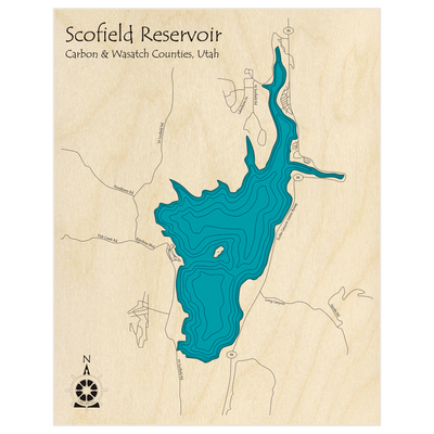Bathymetric topo map of Scofield Reservoir  with roads, towns and depths noted in blue water
