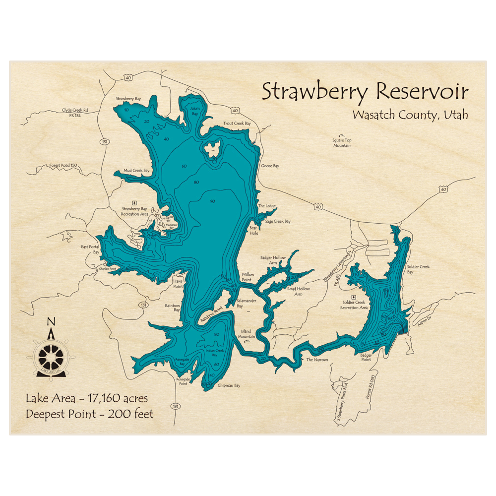 Bathymetric topo map of Strawberry Reservoir with roads, towns and depths noted in blue water