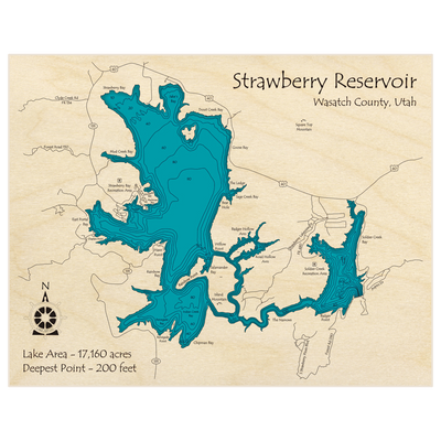 Bathymetric topo map of Strawberry Reservoir with roads, towns and depths noted in blue water