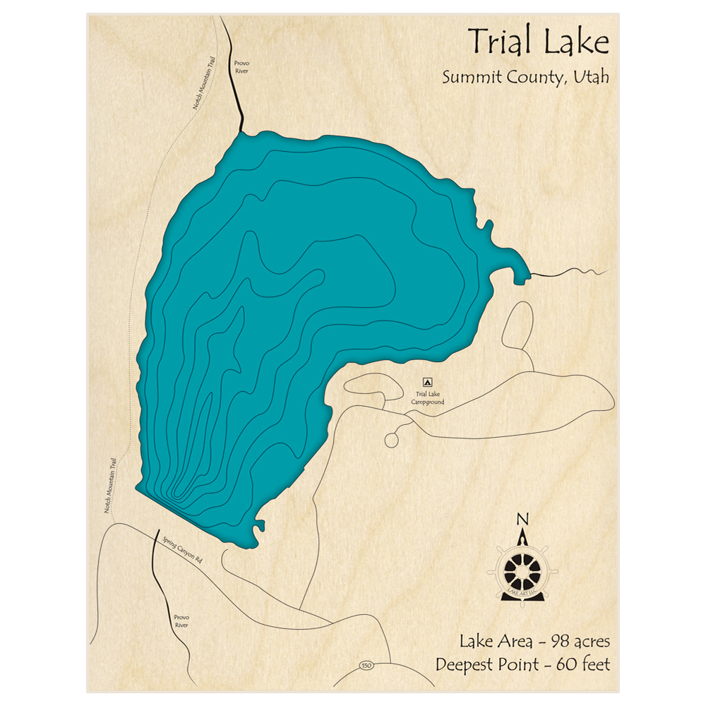 Bathymetric topo map of Trial Lake  with roads, towns and depths noted in blue water