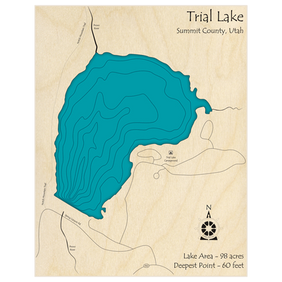 Bathymetric topo map of Trial Lake  with roads, towns and depths noted in blue water