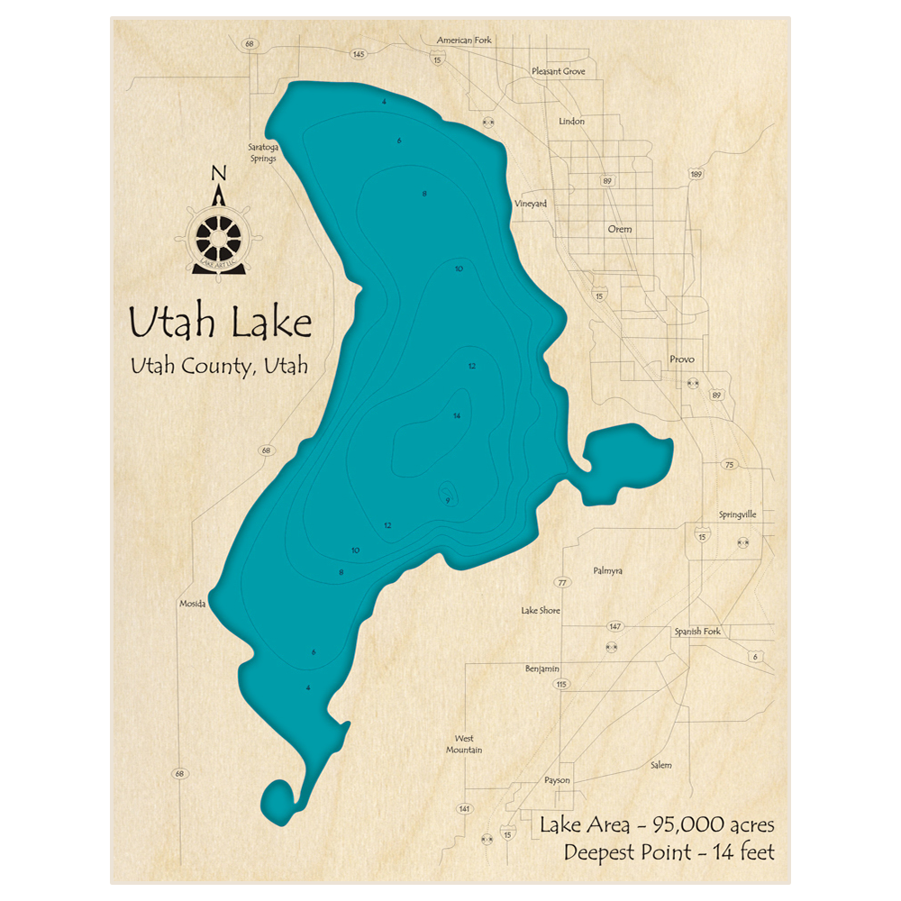 Bathymetric topo map of Utah Lake with roads, towns and depths noted in blue water