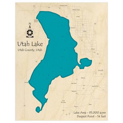 Bathymetric topo map of Utah Lake with roads, towns and depths noted in blue water