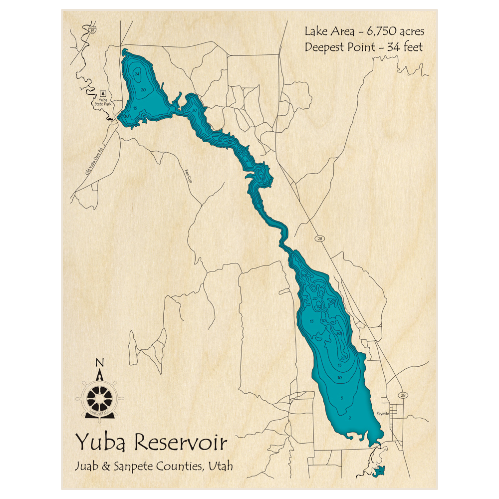 Bathymetric topo map of Yuba Reservoir with roads, towns and depths noted in blue water