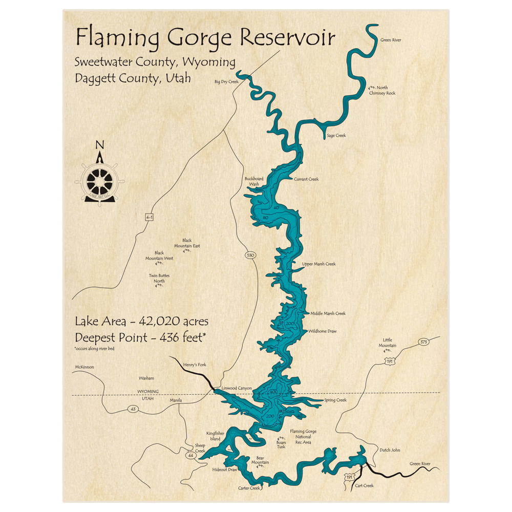 Bathymetric topo map of Flaming Gorge Reservoir with roads, towns and depths noted in blue water