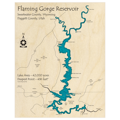 Bathymetric topo map of Flaming Gorge Reservoir with roads, towns and depths noted in blue water