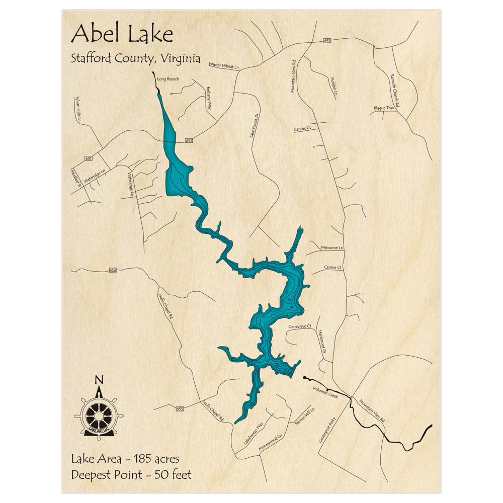 Bathymetric topo map of Abel Lake with roads, towns and depths noted in blue water