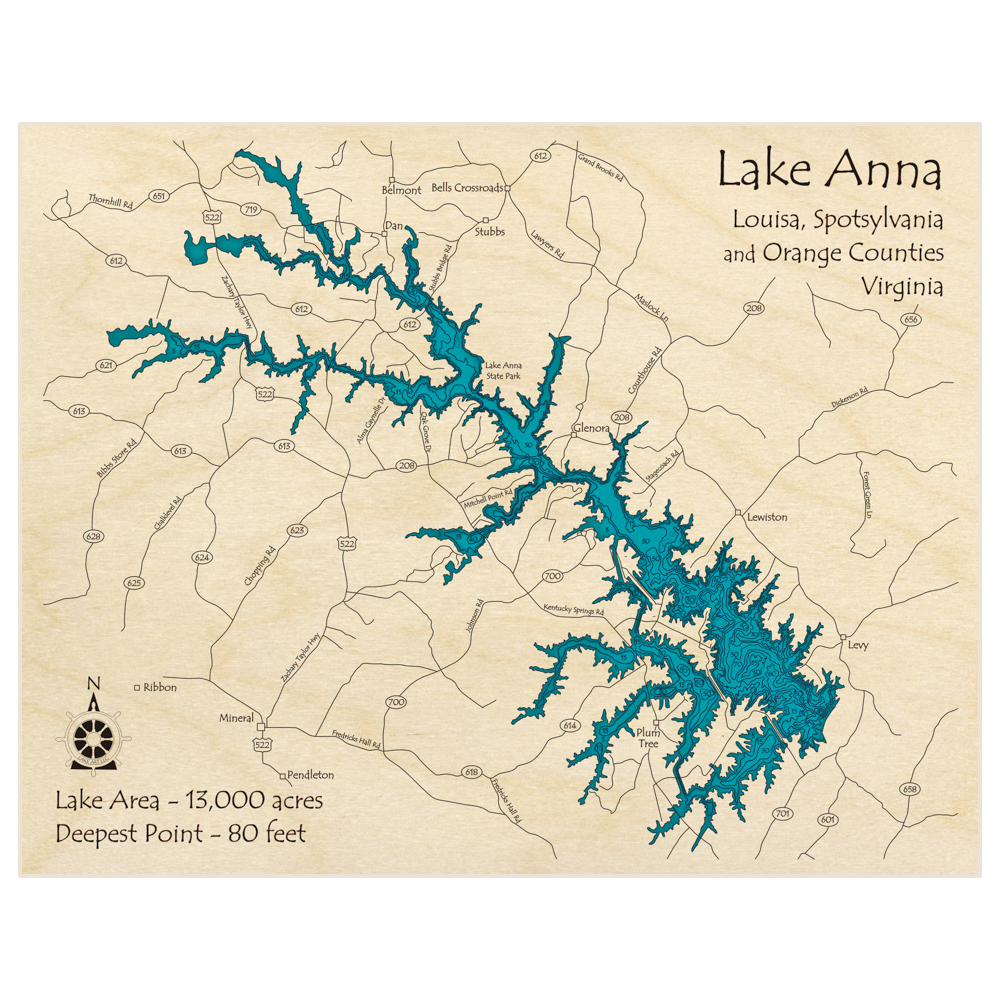 Bathymetric topo map of Lake Anna with roads, towns and depths noted in blue water