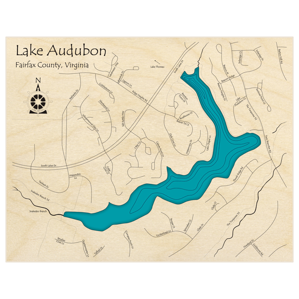 Bathymetric topo map of Lake Audubon  with roads, towns and depths noted in blue water