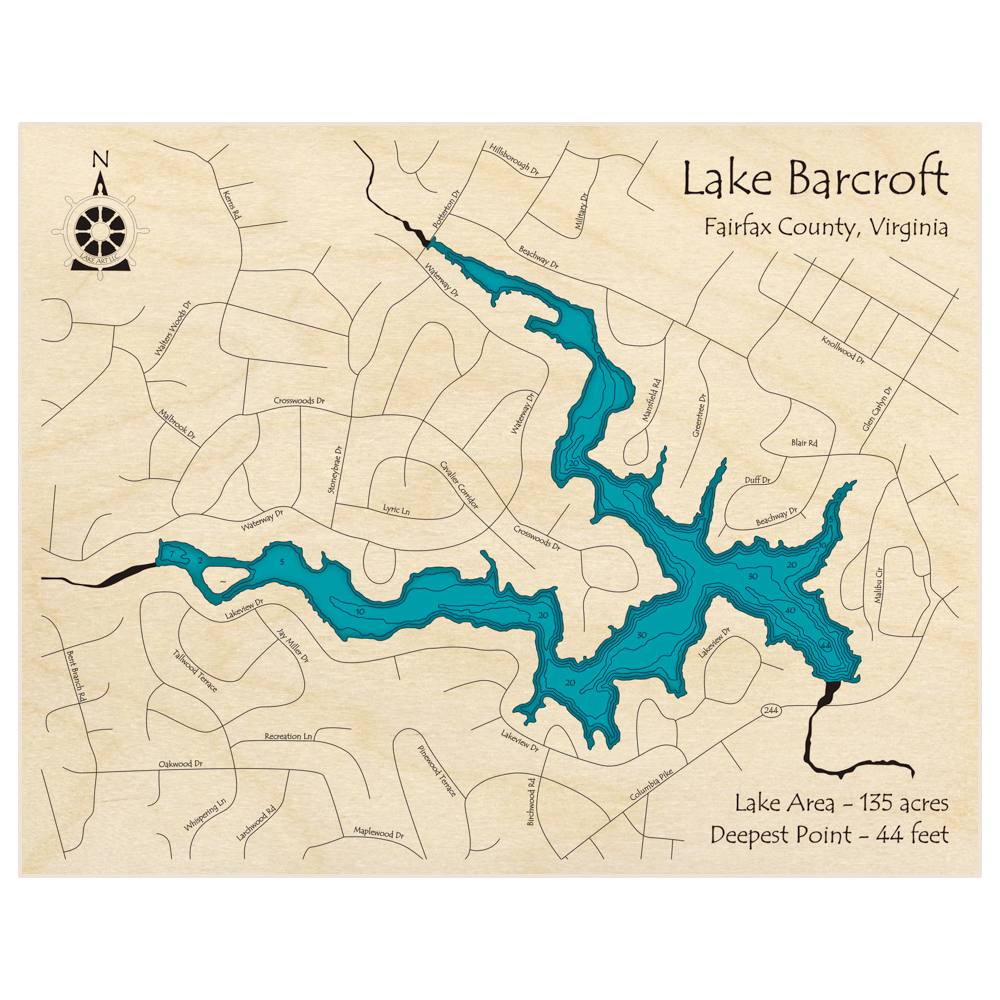 Bathymetric topo map of Lake Barcroft with roads, towns and depths noted in blue water