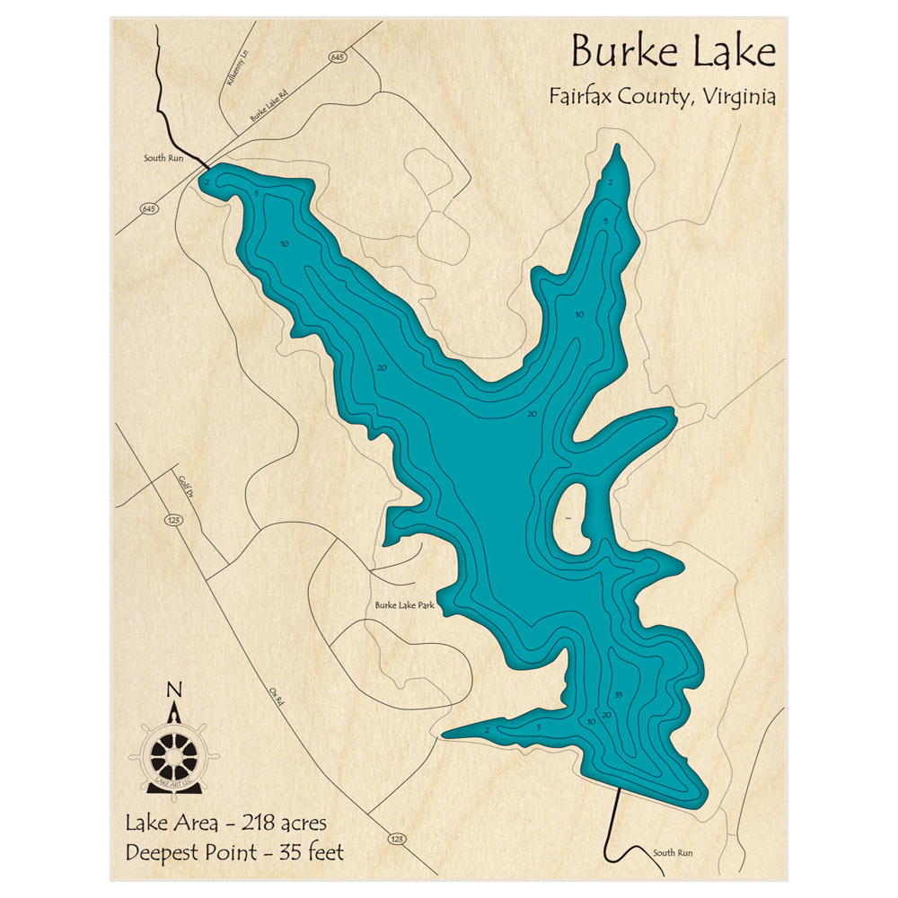 Bathymetric topo map of Burke Lake with roads, towns and depths noted in blue water