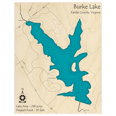 Bathymetric topo map of Burke Lake with roads, towns and depths noted in blue water