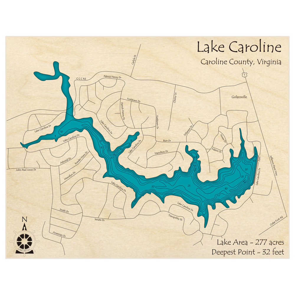 Bathymetric topo map of Lake Caroline with roads, towns and depths noted in blue water
