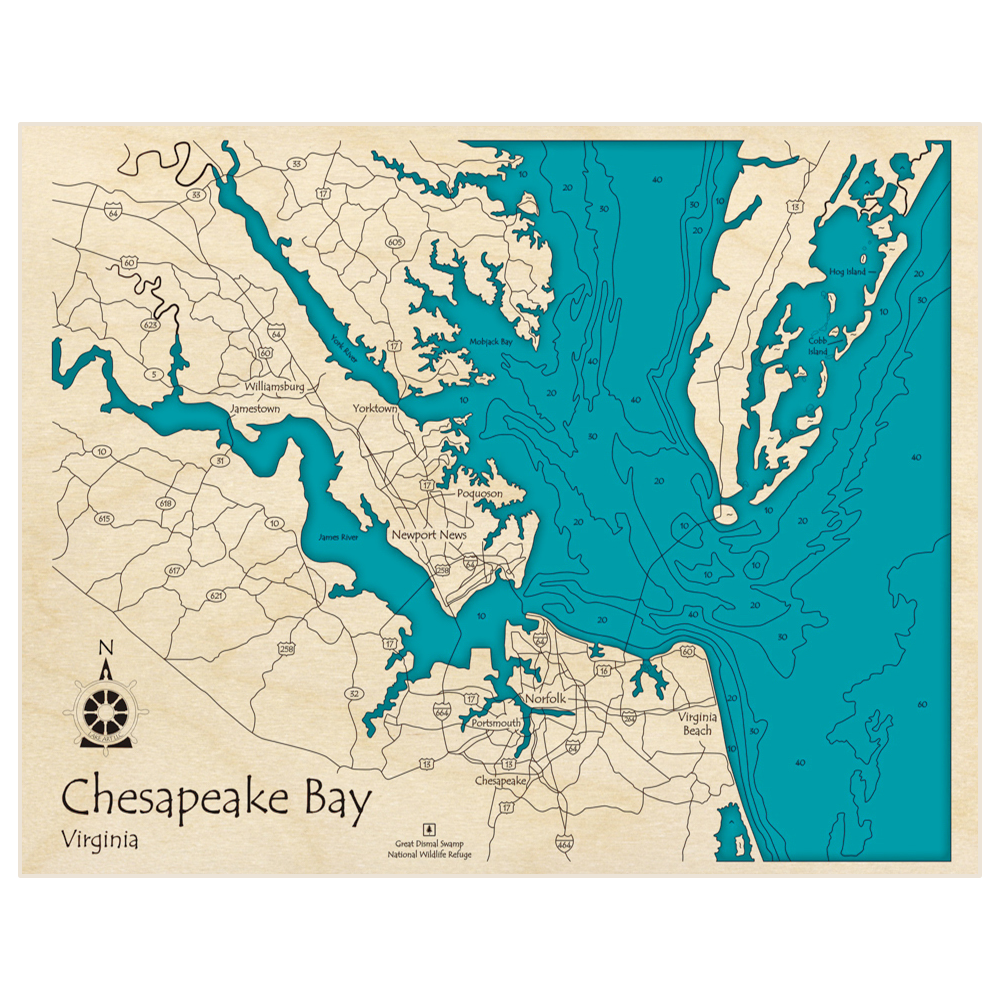 Bathymetric topo map of Chesapeake Bay (South Bay) (Newport News Virginia Beach Norfolk) with roads, towns and depths noted in blue water