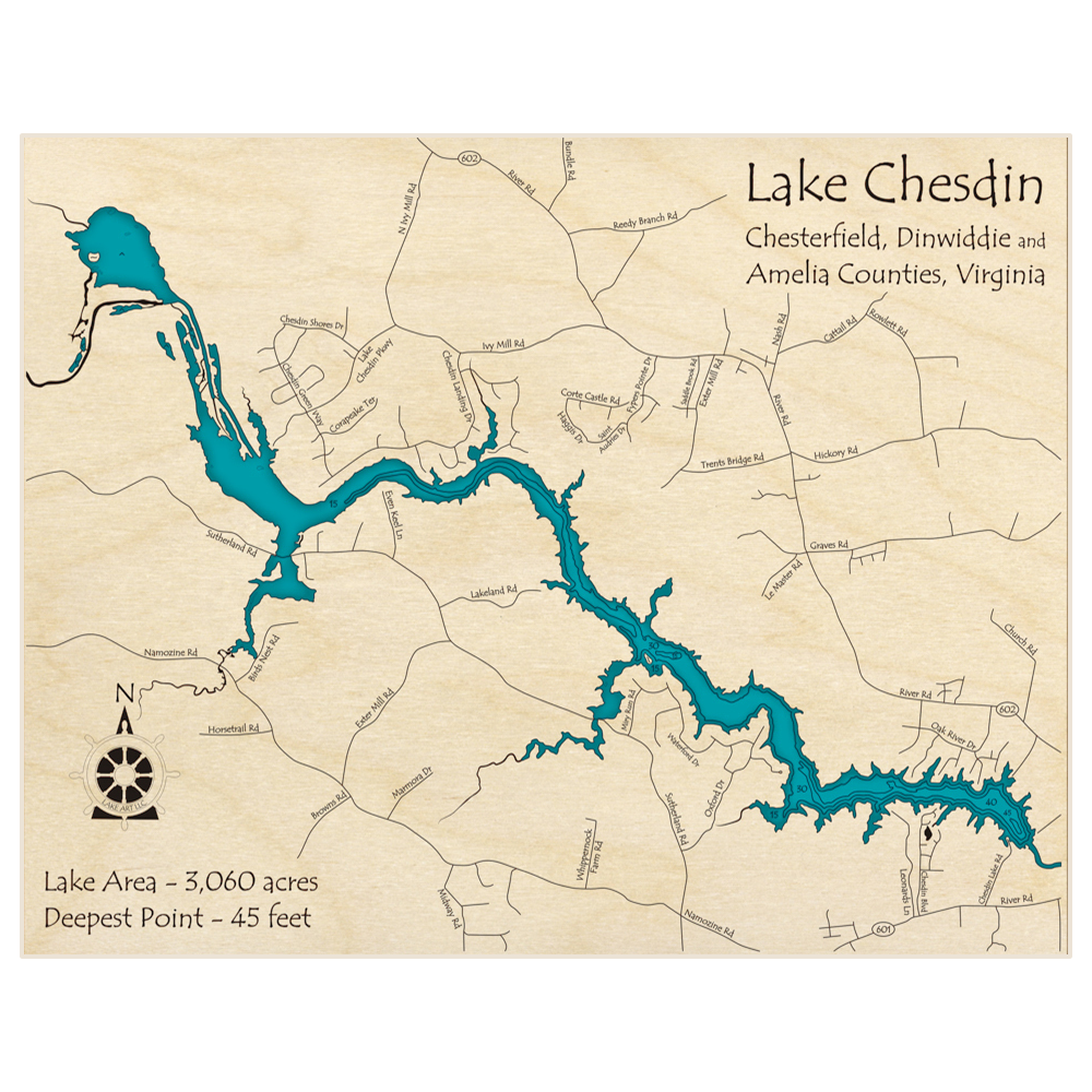 Bathymetric topo map of Lake Chesdin with roads, towns and depths noted in blue water
