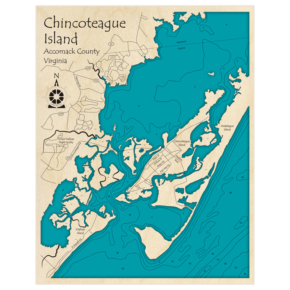 Bathymetric topo map of Chincoteague Island with roads, towns and depths noted in blue water