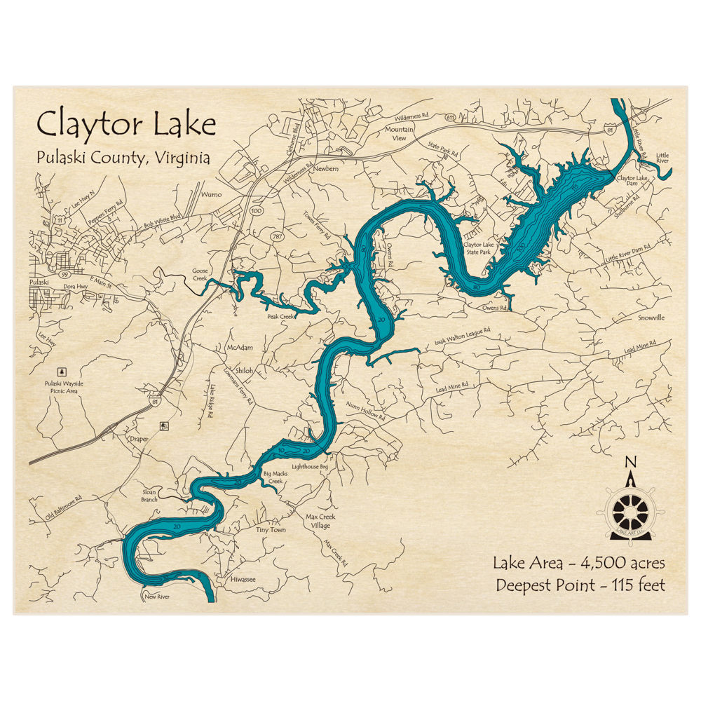 Bathymetric topo map of Claytor Lake with roads, towns and depths noted in blue water