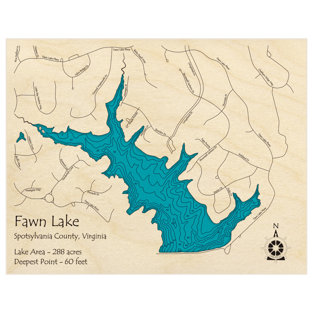 Bathymetric topo map of Fawn Lake with roads, towns and depths noted in blue water