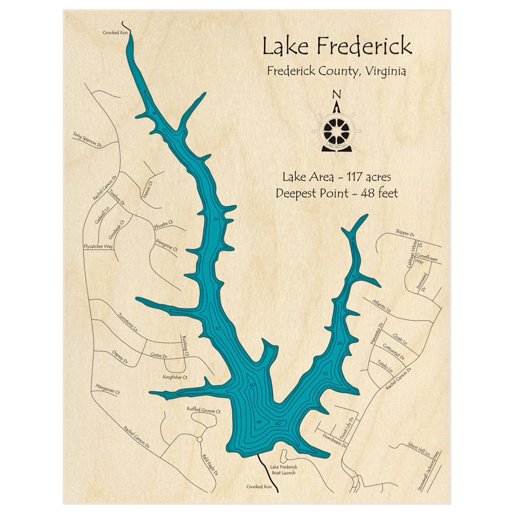 Bathymetric topo map of Lake Frederick with roads, towns and depths noted in blue water
