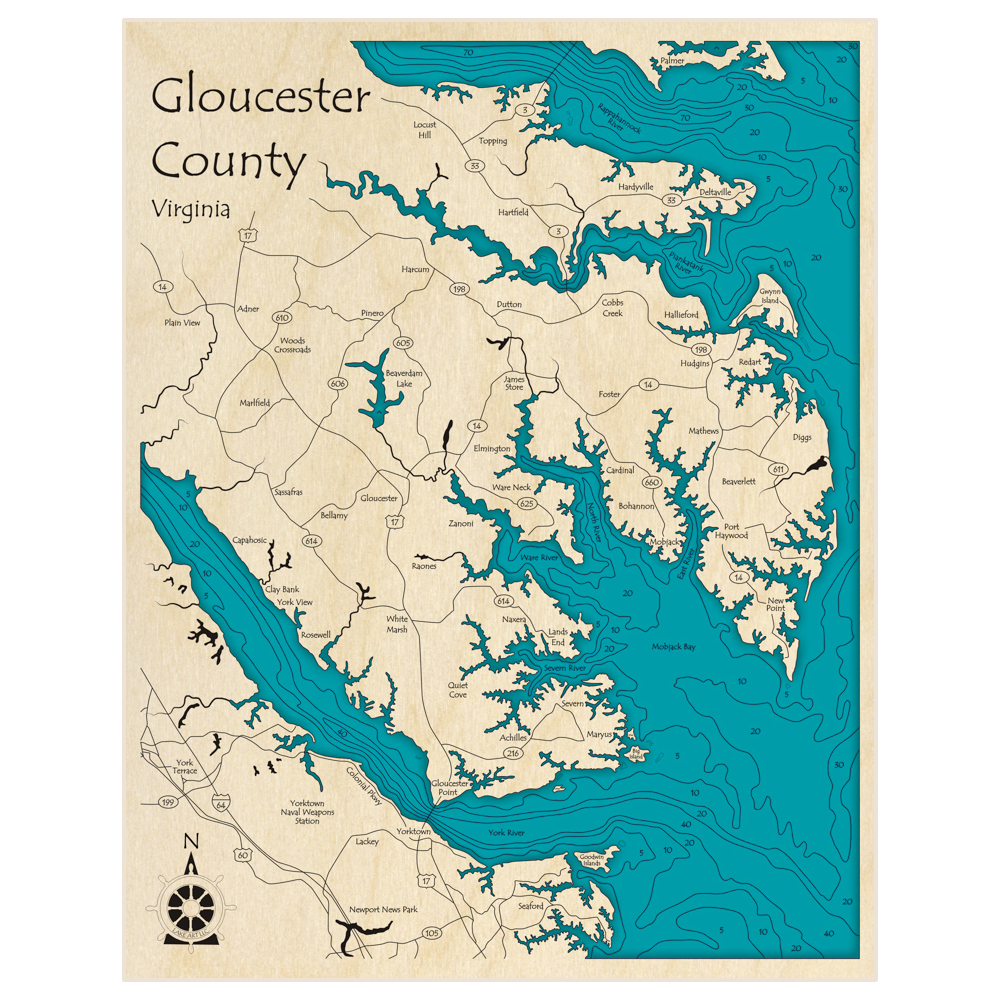 Bathymetric topo map of Gloucester County Coast with roads, towns and depths noted in blue water