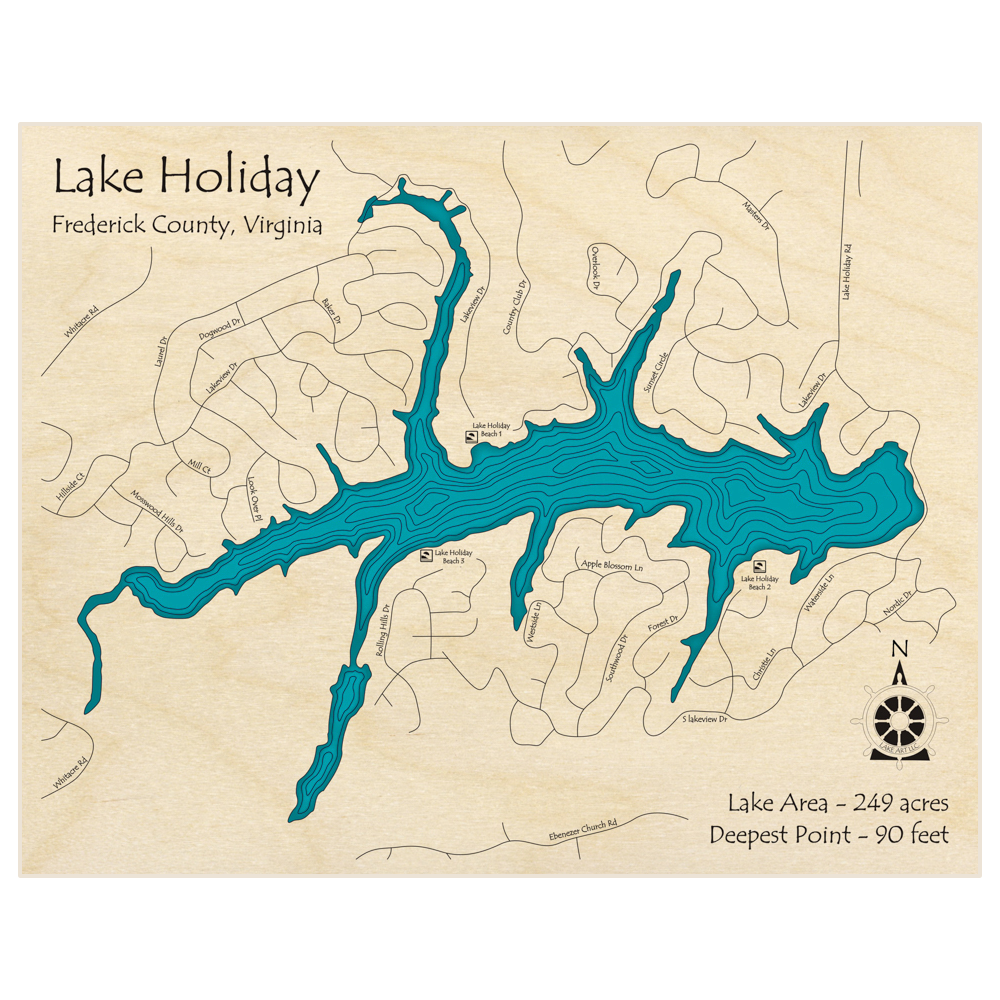 Bathymetric topo map of Lake Holiday  with roads, towns and depths noted in blue water