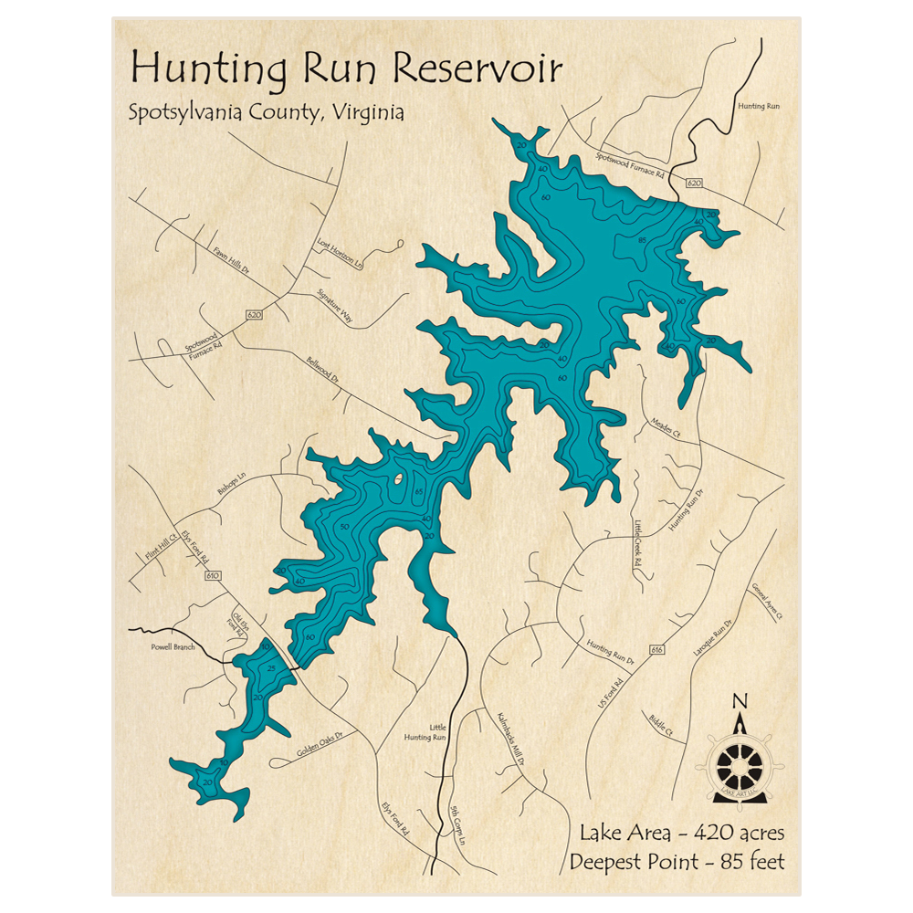 Bathymetric topo map of Hunting Run Reservoir with roads, towns and depths noted in blue water