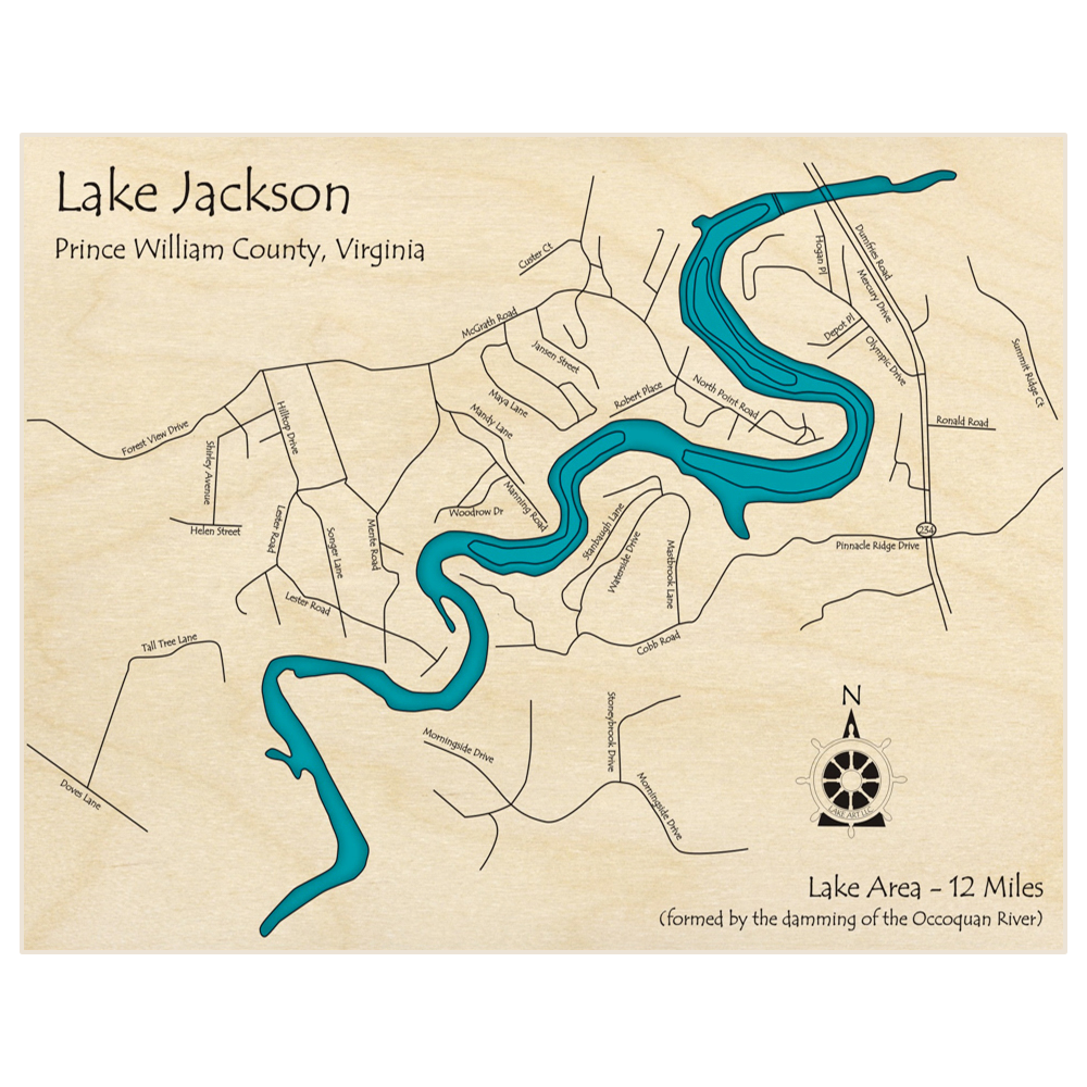 Bathymetric topo map of Lake Jackson  with roads, towns and depths noted in blue water