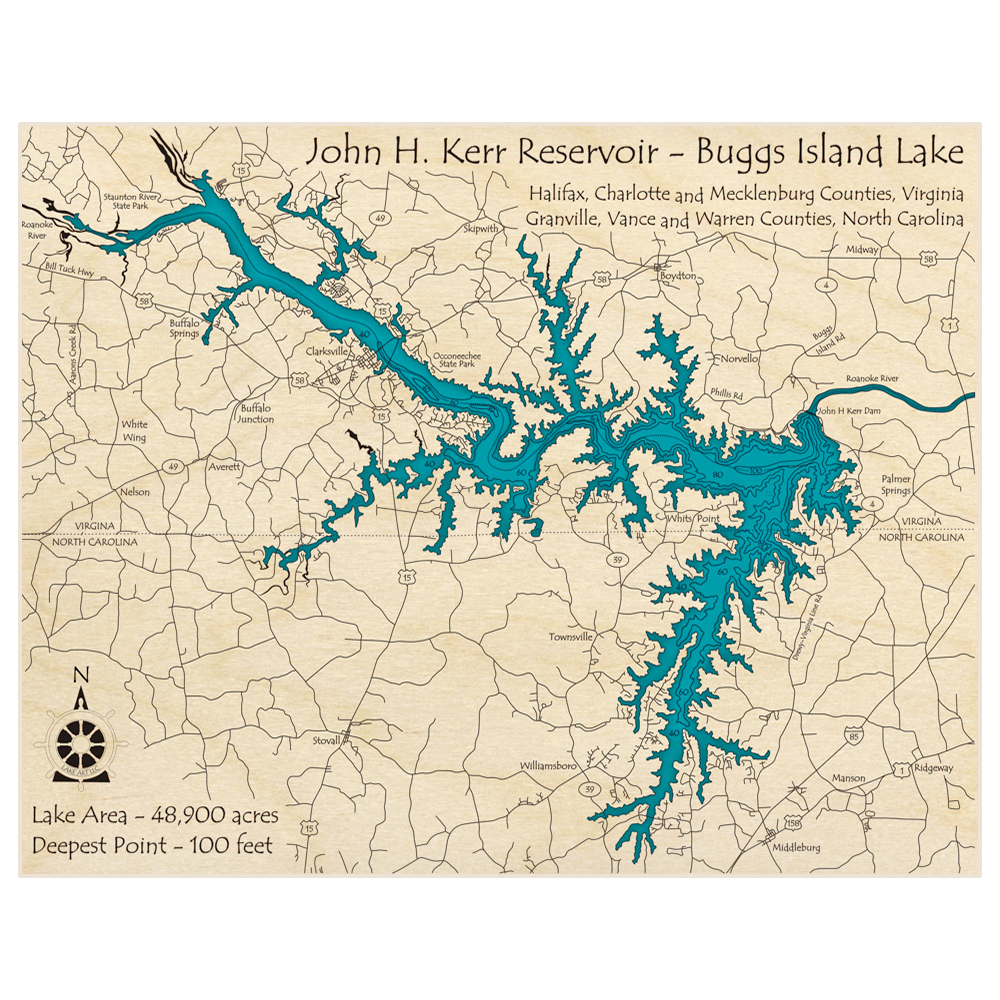 Bathymetric topo map of John H Kerr Reservoir with roads, towns and depths noted in blue water