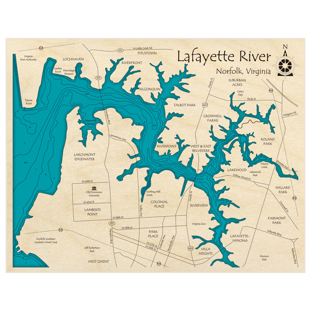 Bathymetric topo map of Lafayette River with roads, towns and depths noted in blue water