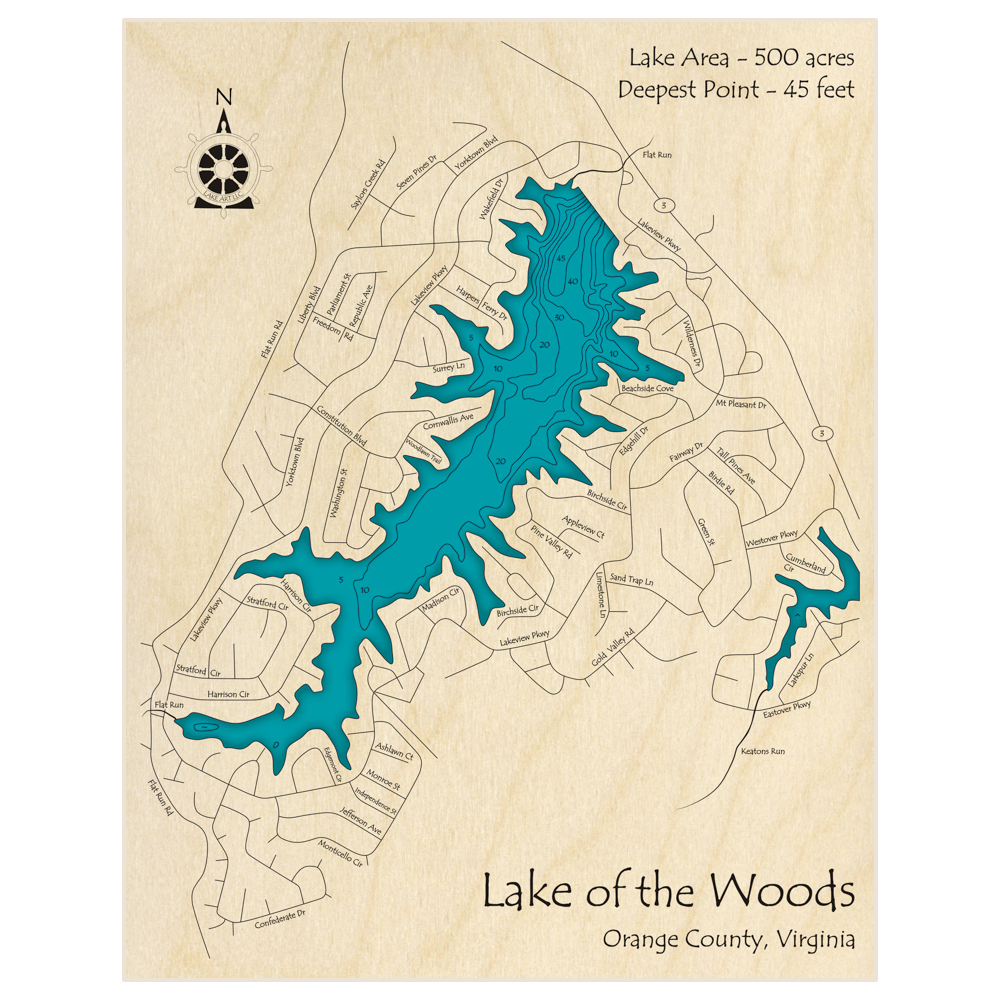 Bathymetric topo map of Lake of the Woods with roads, towns and depths noted in blue water