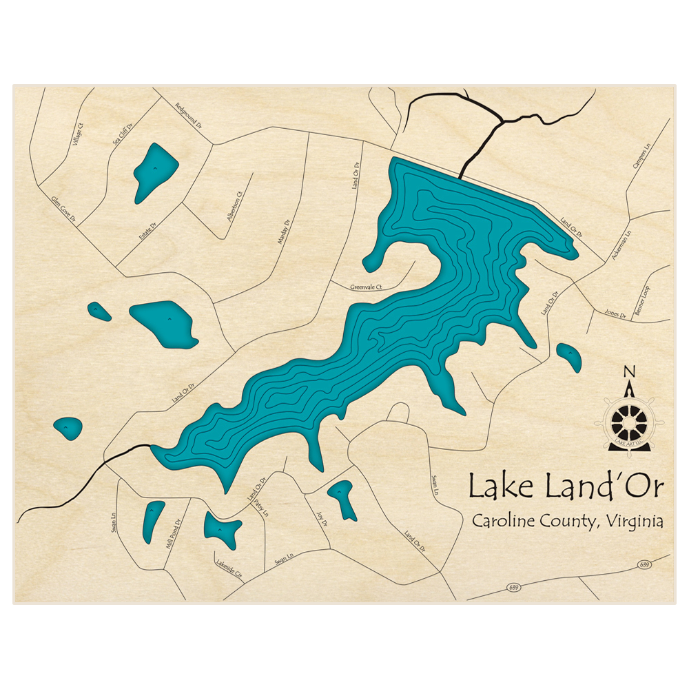 Bathymetric topo map of Lake LandOr  with roads, towns and depths noted in blue water